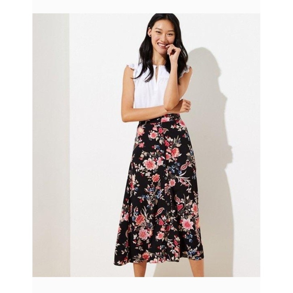 LOFT Black Floral Paisley Button Front Midi Skirt Womens XS whimsical boho fairy